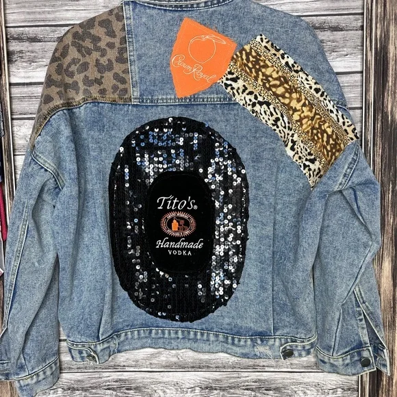 Recycled UpCycled Vintage NWOT Tito’s Crown Royal Denim Jean Jacket Gypsy Hippie - Picture 1 of 7